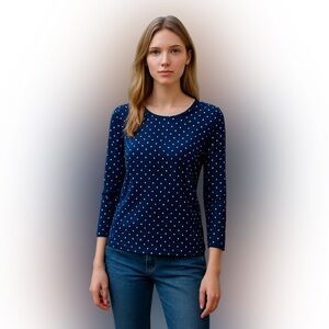 Susan Graver Blue & White Polka Dot Liquid Knit Ballet Neck Blouse, Scoop Back
